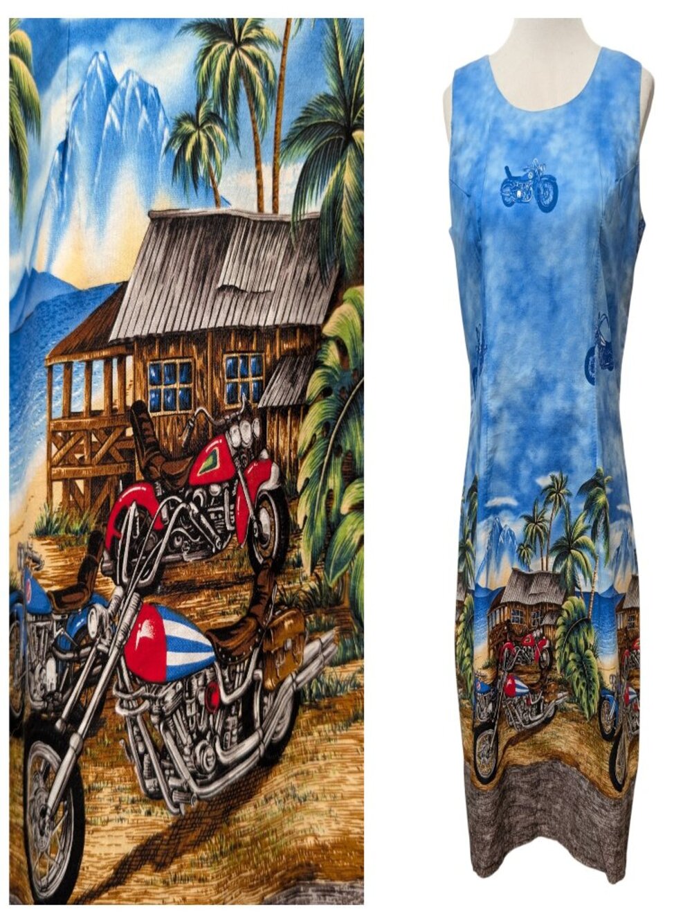 Ky's Hawaii Vintage Womens Sz L Blue Motorcycle Tropical Sleeveless Cotton Dress